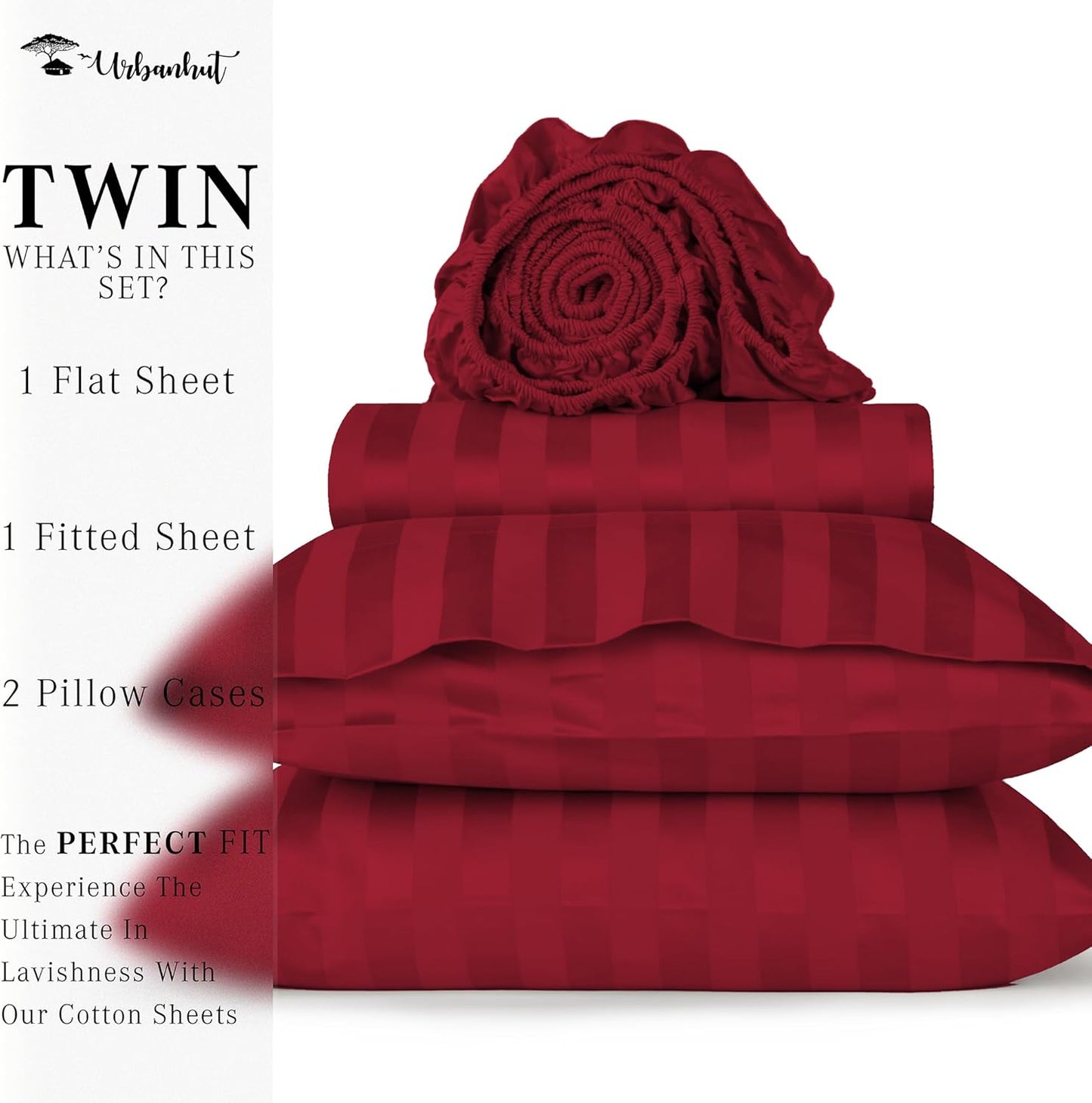 URBANHUT 1000 Thread Count Damask Striped Twin Size Egyptian Cotton Sheets, Long Staple Soft & Breathable, 4 Pc Bed Sheet Sets, Luxury Hotel Sateen Sheets Fits 16" Deep Pocket - Burgundy