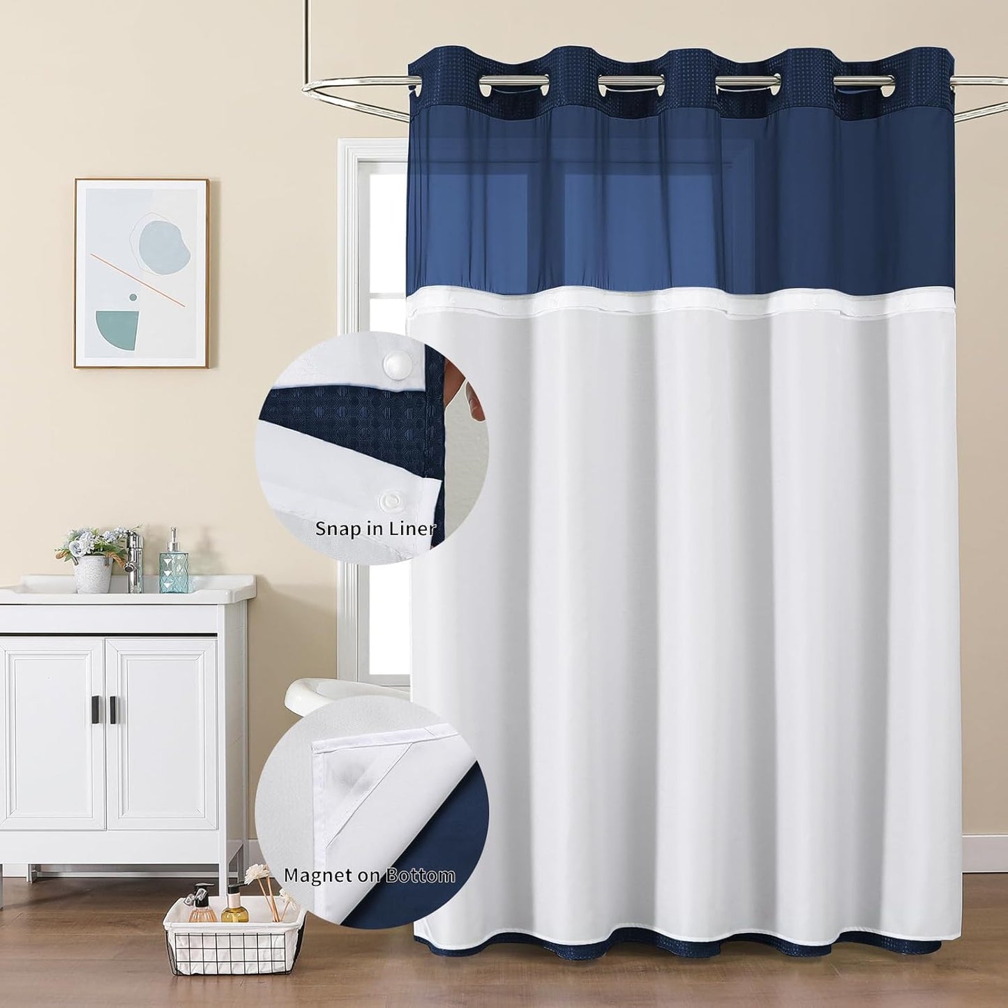 Colorful Star No Hook Shower Curtain with Snap in Fabric Liner, Waffle Weave Heavy Duty Thick Shower Curtains with Mesh Top Window, Hotel Style Waterproof Bathroom Curtain Set, 72 x 75 Inch, Navy Blue