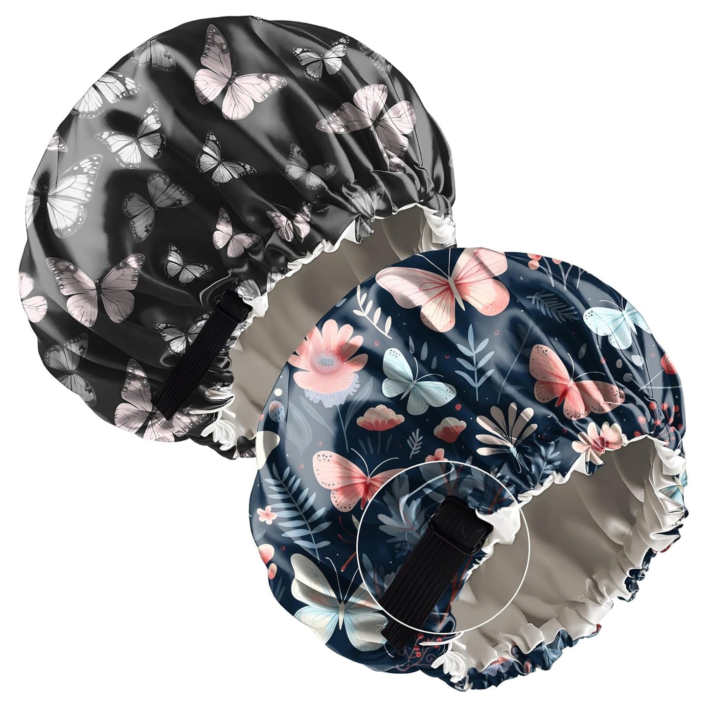 2 PCS Bonnets for Women Girls Satin Hair Bonnet Silk Adjustable Elastic Double Layer Hair Wrap Sleep Cap Comfort Cute-Flower Butterfly