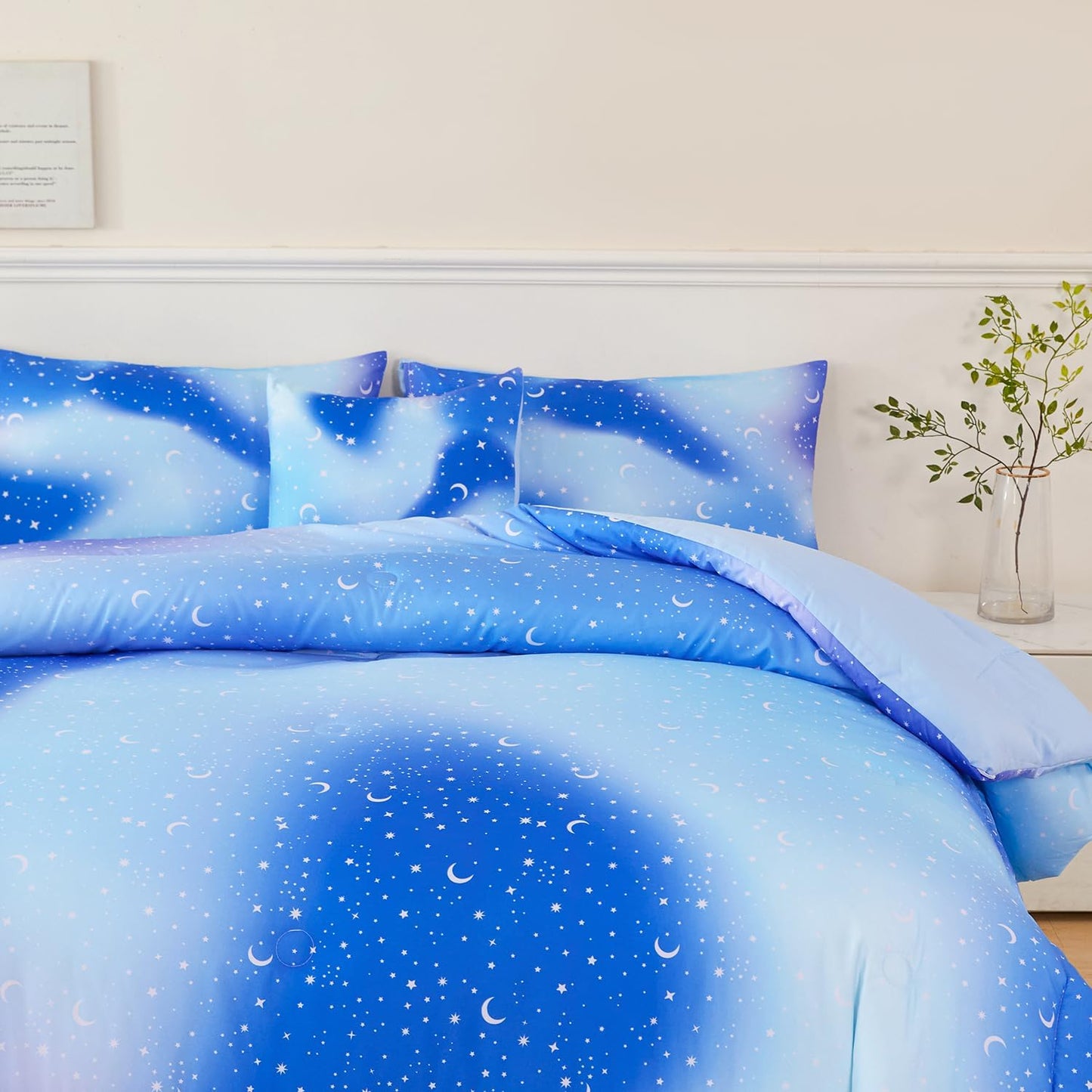 URBONUR 6Pcs Gradient Glitter Comforter Set for Girls Full Size Blue Galaxy Kids Bedding Set for Boys Comforter Sets Soft Bed in A Bag Full (Ombre Blue)