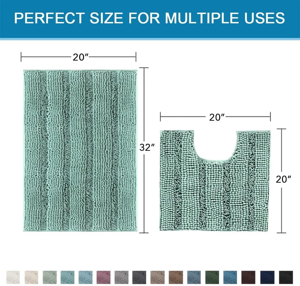 H.VERSAILTEX Bathroom Rugs Bath Rug Set 2 Piece Bathroom Contour Rug Toilet Mat Sets Non Slip Contour Bath Rug Ultra Thick Water Absorbent Striped Bath Mats(20" x 32" Plus 20" x 20" U, Eggshell Blue)