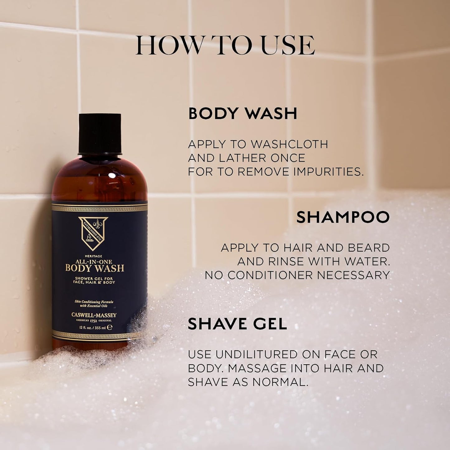 Caswell-Massey All-in-1 Body Wash, Use as a Face Wash, Beard Wash, Shampoo, Body Wash & Shave Gel, Signature Heritage Soap for Men, Made in USA, 32 Fl Oz