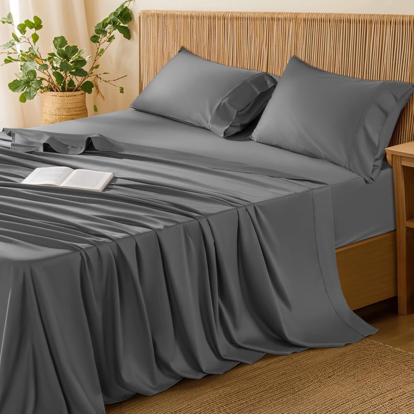 LBRO2M 100% Cotton Sheets Set King Size 600 Thread Count Sheet 4 Piece Sets Bed Sheet Deep Pocket Up to 16" Soft Comfortable All Season (King, Dark Gray)