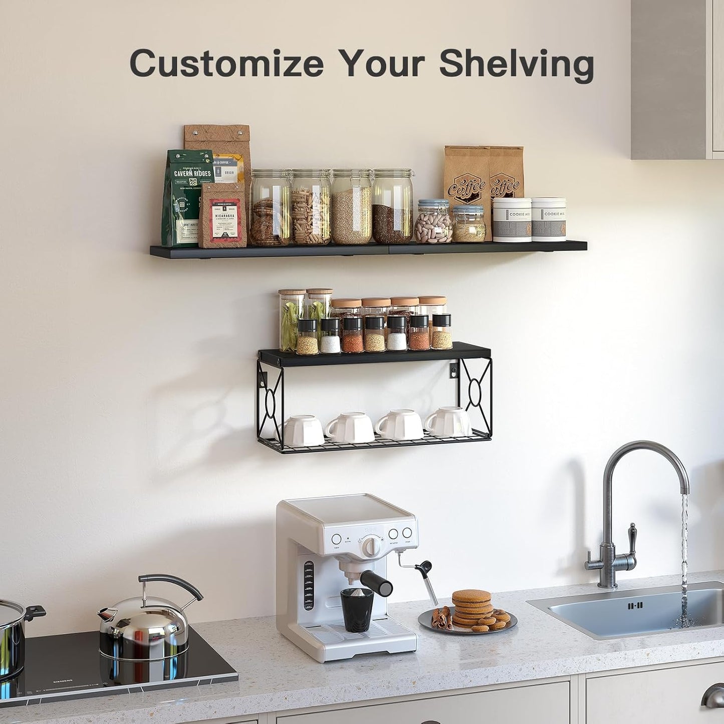 Amada Bathroom Shelves Over Toilet with Storage Basket, Floating Wall Shelves for Home Organization & Wall Decor, Bathroom/Kitchen/Living Room ShelvesBlack