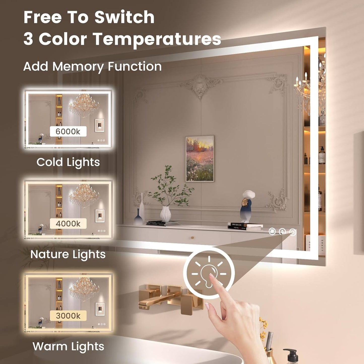 48"X30" LED Bathroom Mirror with Front Lights and Backlit, Anti-Fog, Dimmable, Shatter-Proof Tempered Glass, Lighted Bathroom Vanity Mirror for Wall with 3 Colors, Memory Function