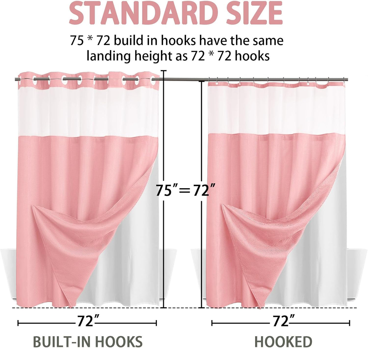 YellyHommy No Hook Shower Curtain with Snap in Liner Set Less Time Pink Waffle Shower Curtain for Bathroom 75" L x 72" W Pink