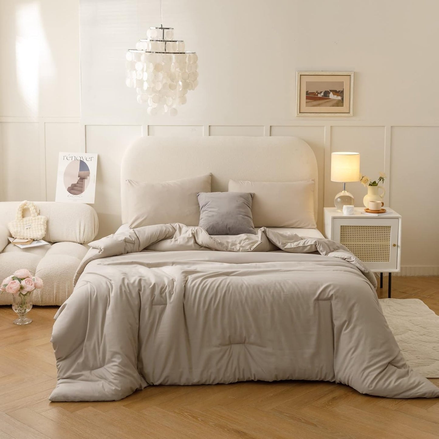 ROSGONIA Oversized King Comforter Oatmeal, 3pcs(1 Boho Comforter & 2 Pillowcases), Lightweight Oversized King Size Comforter Sets All Season Bedding