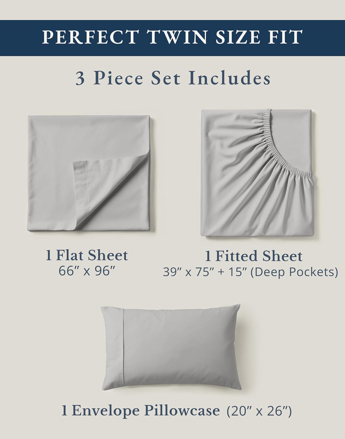 LANE LINEN 100% Organic Cotton Sheets Twin Size, Soft & Comfy Mercerized Fully Elasticized Naturally Temperature Regulating Sustainably Produced Luxury Hotel Quality Cotton Twin Sheet Set- Silver