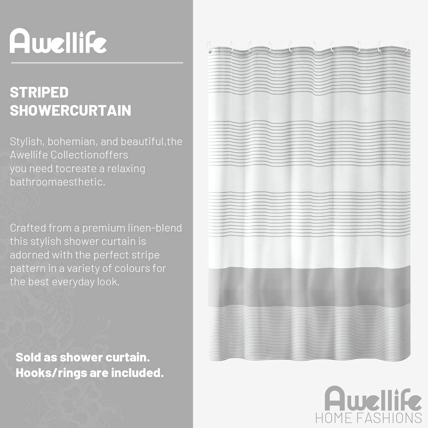 Awellife Boho Gray Shower Curtain for Bathroom Stripe Shower Curtain 72 X 72 Inches Farmhouse Cotton Grey