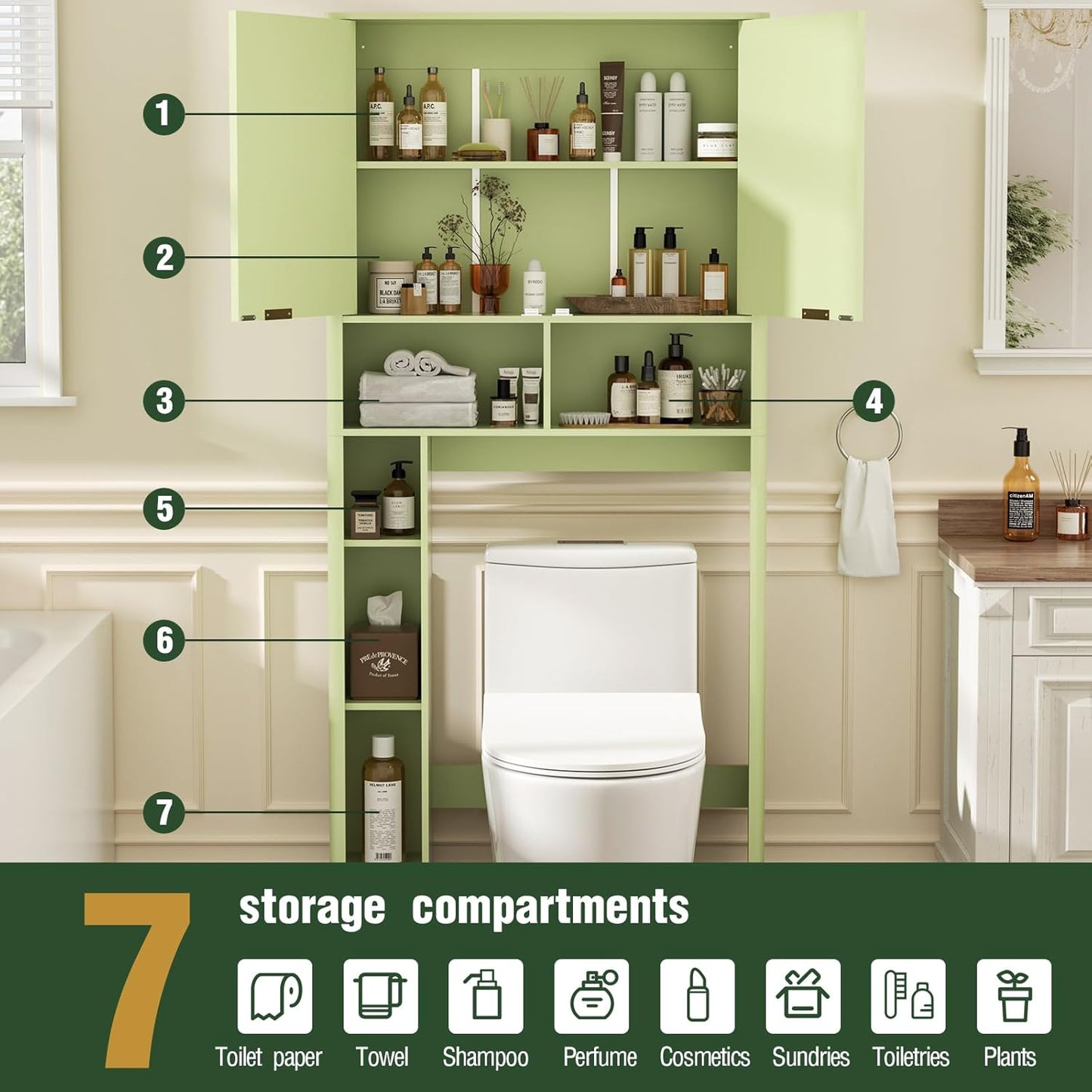 31" W Over The Toilet Storage Cabinet with Fluted Door, Green Bathroom Organizer with Adjustable Shelf, Natural Toilet Paper Holder Stand Wave Door for Restroom, Laundry Room