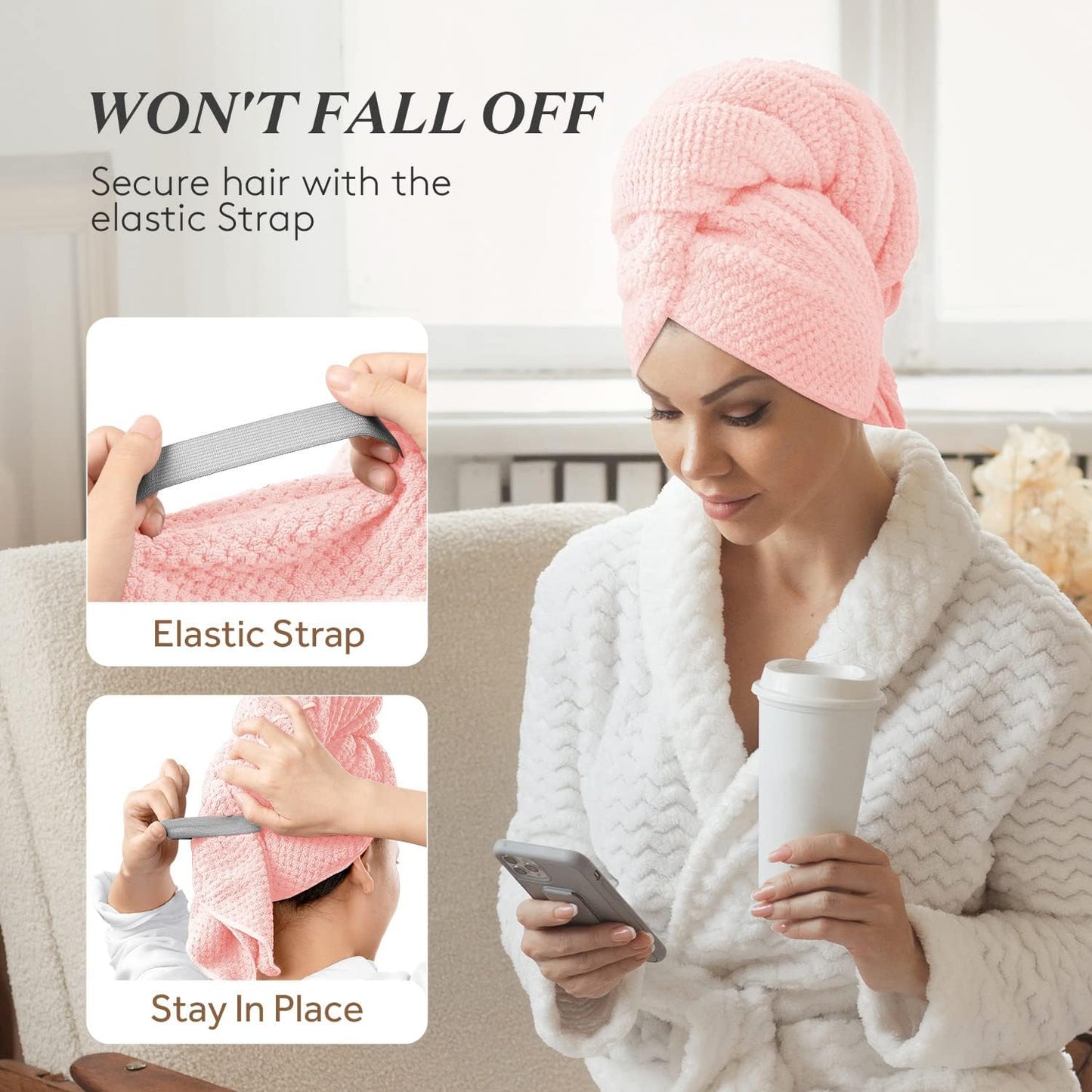 YFONG Large Hair Towel Wrap for Women, Super Absorbent Microfiber Hair Towel for Curly Hair, Fast Drying Hair Turbans with Elastic,Hair Drying Towel Wrap for Hair Care 26.3" X 40" (Pink)