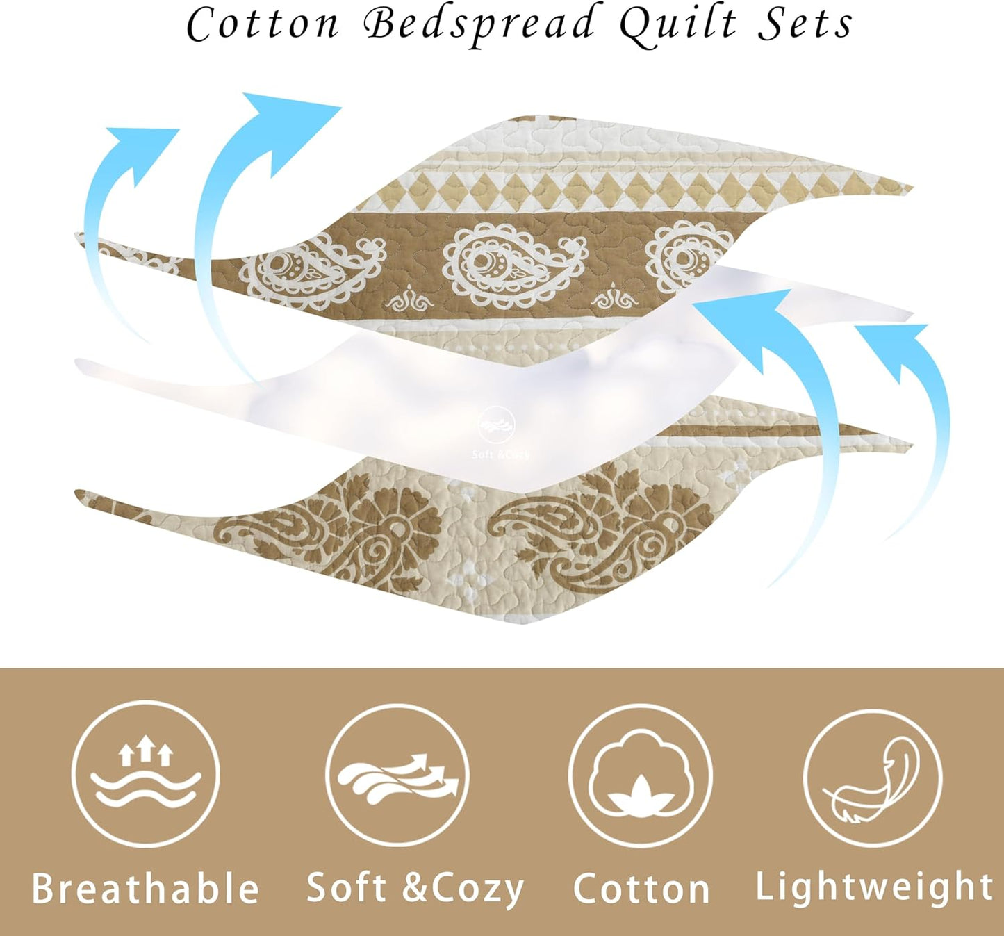 Bedding Set, King Size Quilt, Cotton Bedding Comforter Sets, Brown Taupe Striped Pattern Bed Set, Lightweight Reversible Bedspreads, Machine Washable Coverlet Neutral 3 Pieces