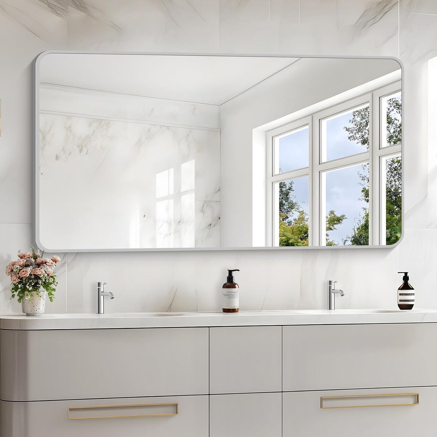 55x30 Inch Silver Bathroom Mirror, Large Rectangular Vanity Mirror, Metal Framed Rectangle Mirrors, Rounded Corner Wall Mounted Mirrors for Living Room Bedroom Entryway Horizontal or Vertical