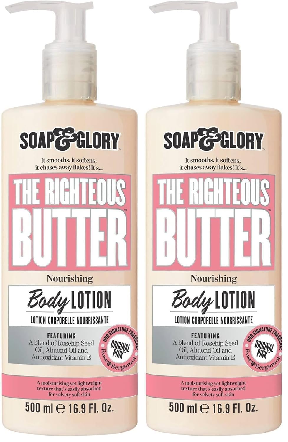 Soap & Glory Original Pink The Righteous Butter Moisturizing Body Lotion Pump - Shea Butter, Vitamin E & Aloe Vera Vegan Body Moisturizer - Rose & Bergamot Scented Lotion (500ml) (Pack of 2)