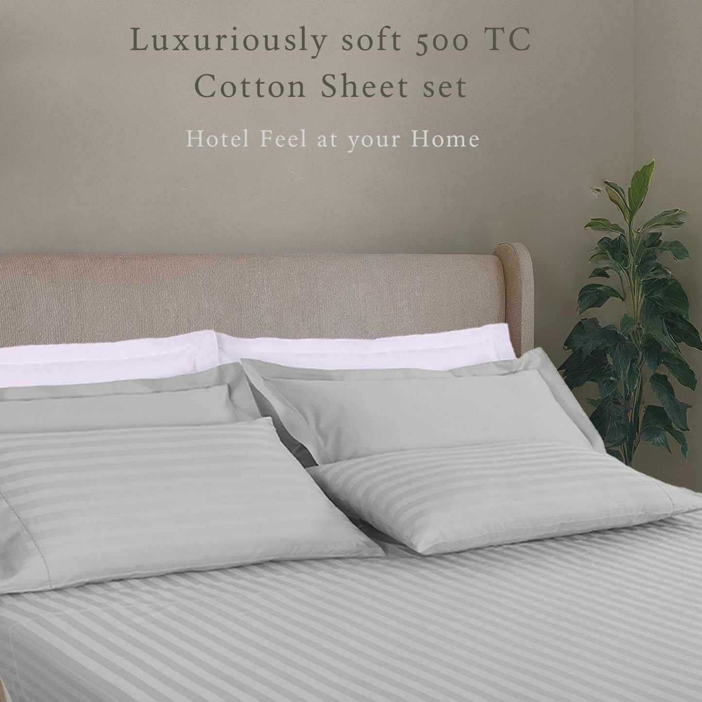 Threadmill 500 Thread Count Queen Size Damask Stripe, 4 Pc Luxury Cotton Bedding Set, Breathable Light Grey Sheets with 16" Elasticized Deep Pocket, 2 Pillowcases & Free Tote Bag