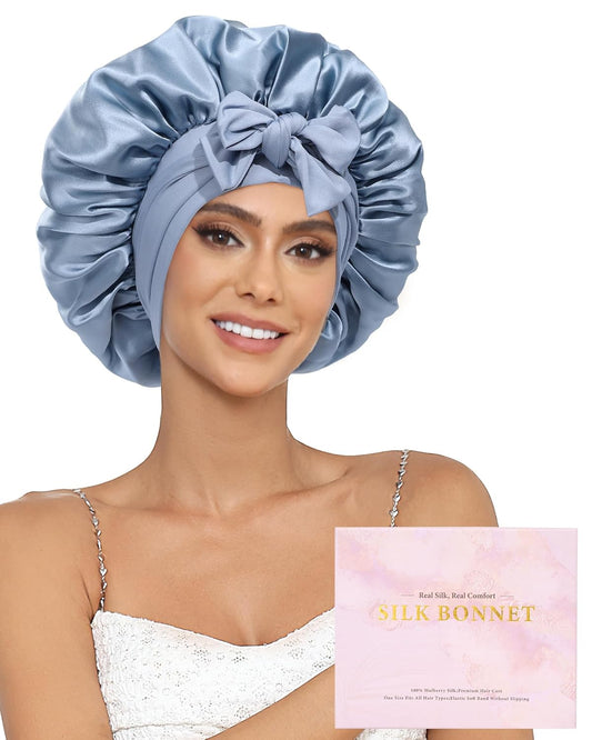 100% Mulberry Silk Bonnet for Sleeping Women Double Layer Silk Hair Bonnet Natural Silk Sleep Cap with Elastic Reversible Hair Wrap (Haze Blue + Sky Blue)