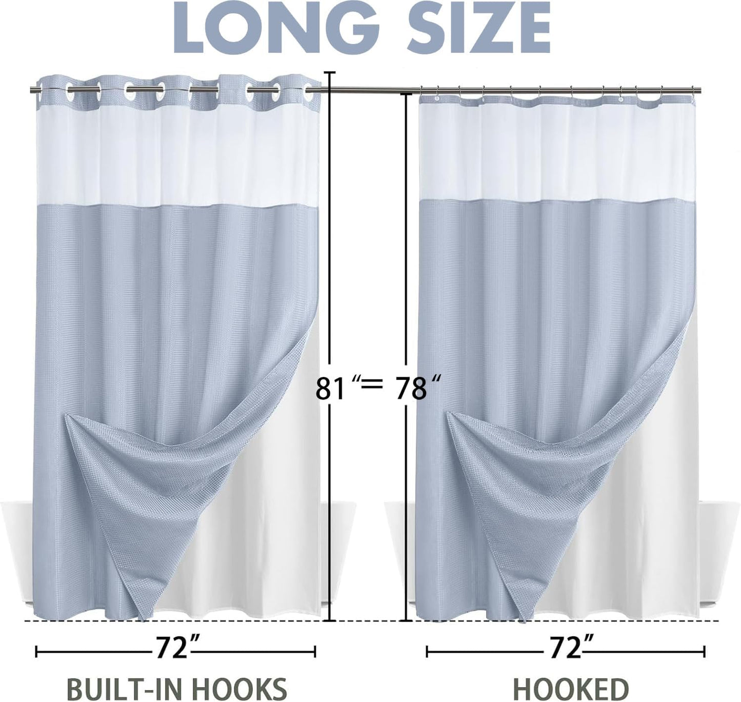 YellyHommy No Hook Shower Curtain with Snap in Liner Set Less Time Waffle Shower Curtain for Bathroom (Mist Blue, 81" L x 72" W)