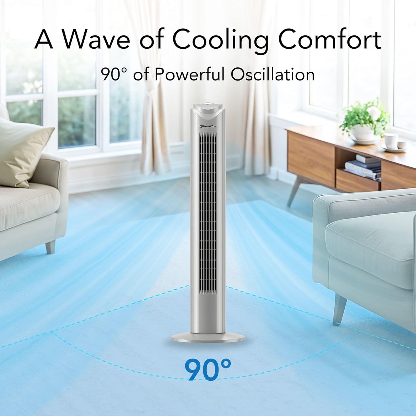 Comfort Zone Tower Fan for Bedroom, 32 inch, 3 Speeds, 90 Oscillation, Bladeless Indoor Fan, Built in Carry Handle, Portable Stand Fan, Gray