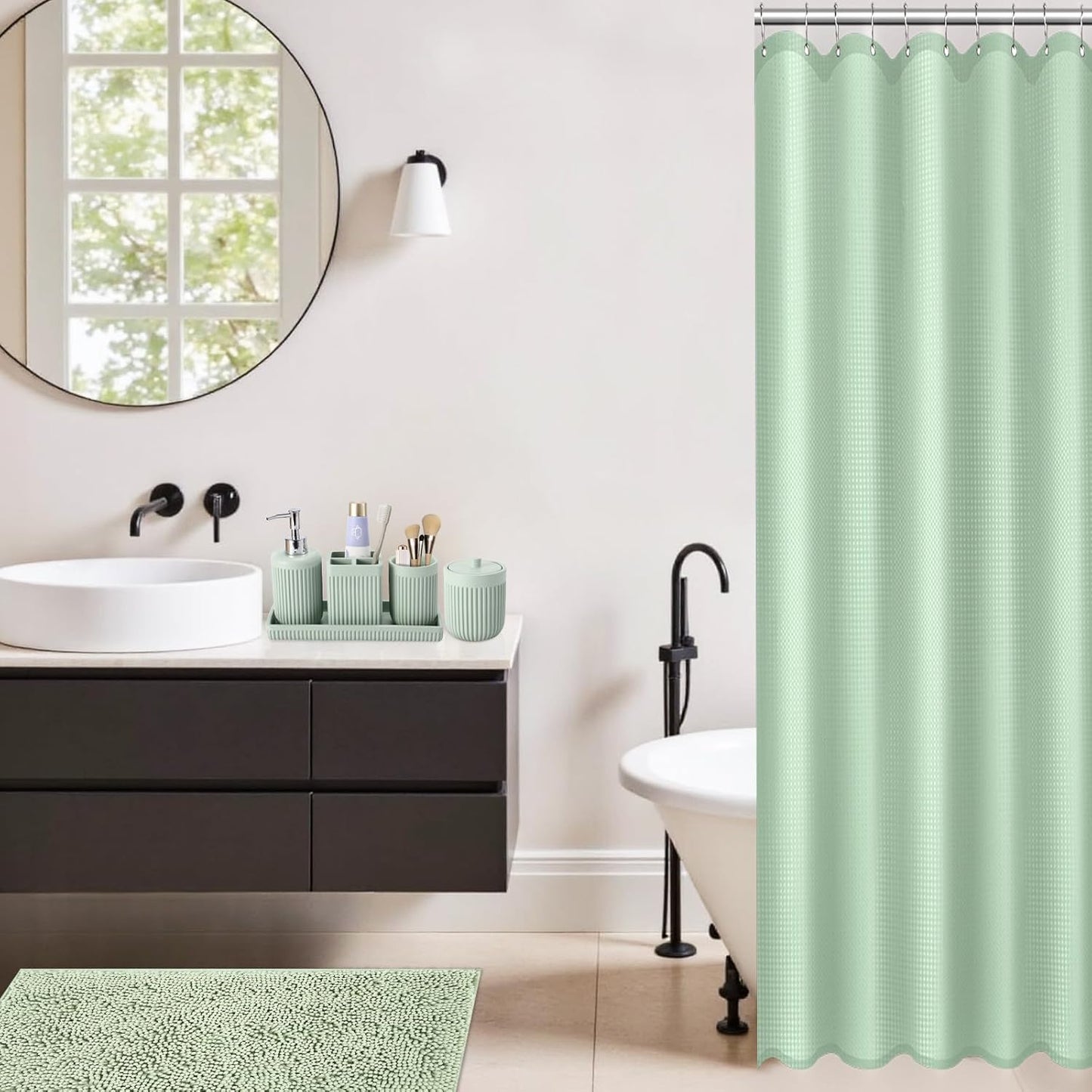 8-Piece Light Green Bathroom Set - Resin Bathroom Accessories Sets Complete with Shower Curtain and Rugs, Soap Dispenser, Toothbrush Holder, Tumbler & Vanity Organizer