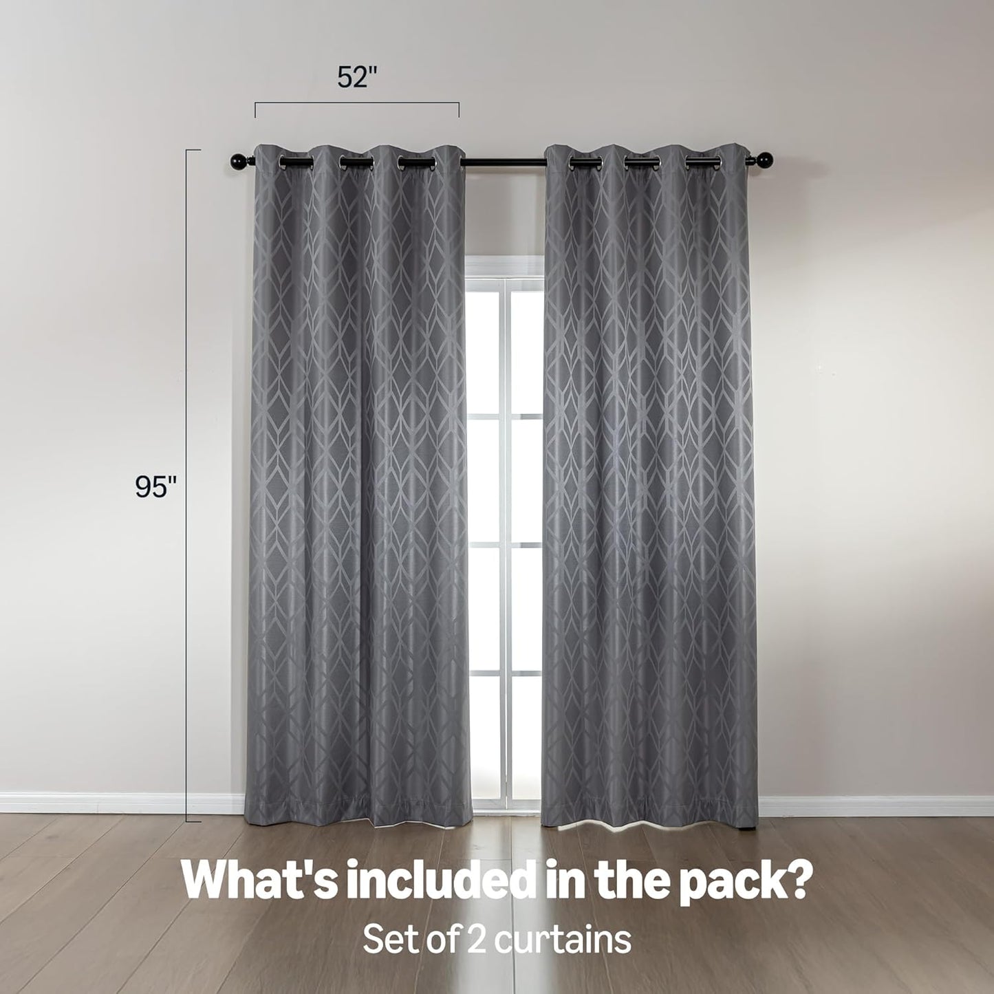 Amazon Basics Jacquard 2-Piece 100% Blackout Curtains, Living Room and Bedroom Drapes, Thermal Insulated Window Treatment, 52"x95", Grey