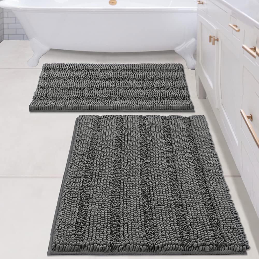 H.VERSAILTEX 2 Piece Bathroom Set - Super Absorbent Chenille Striped Bath Mats, Non Skid, Machine Washable - Grey, 24 x 36 Plus 20 x 32 Inches