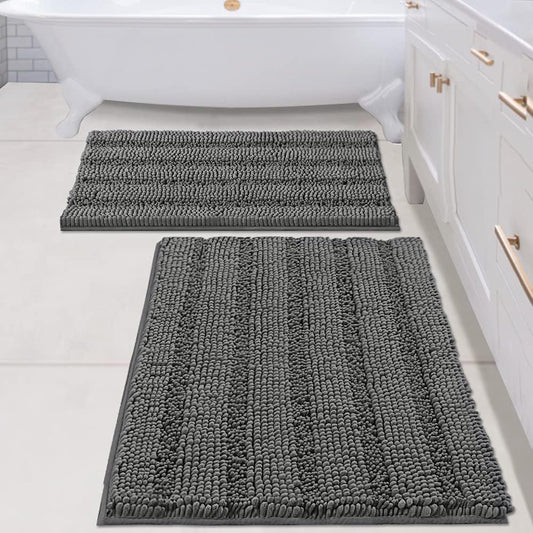 H.VERSAILTEX 2 Piece Bathroom Set - Super Absorbent Chenille Striped Bath Mats, Non Skid, Machine Washable - Grey, 24 x 36 Plus 20 x 32 Inches