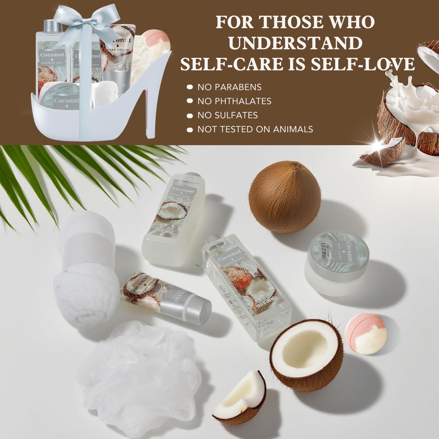 Tropical Coconut Christmas Gifts for Women Spa Basket, High Heel Bath Set with Shea Butter & Exotic Oils, Mother's Day Gifts for Mom, Her, Wife