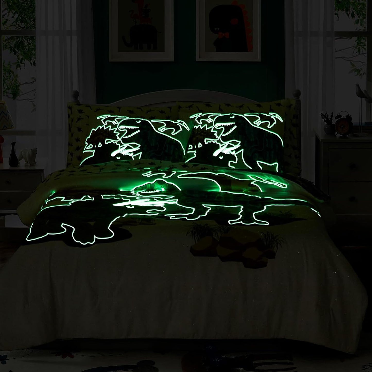 Twin Comforter Set for Boys-5 Pieces Dinosaur Glow in The Dark Twin Bedding Sets for Kids, Ultra Soft Bed in A Bag with Sheets