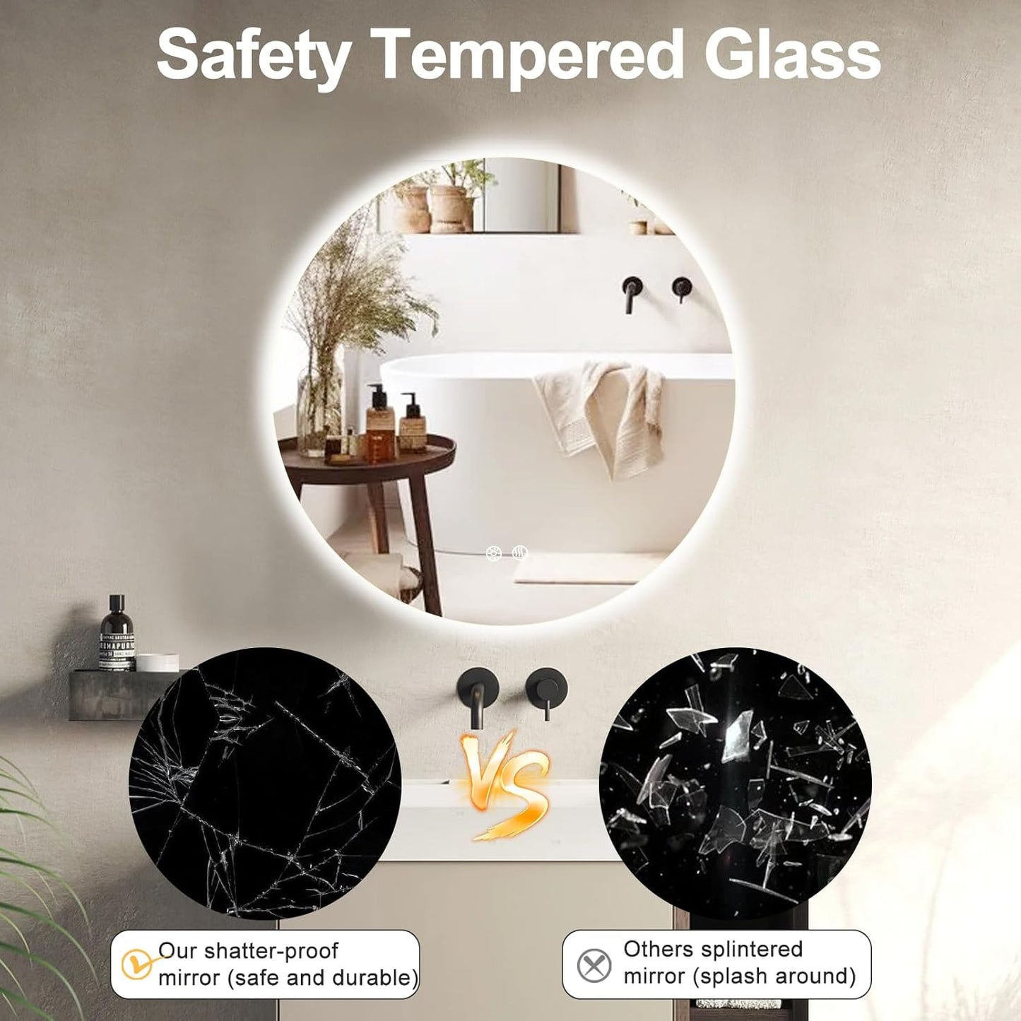 28 Inch Round LED Bathroom Mirror Backlit Anti-Fog Wall Mounted Lighted Bathroom Vanity Mirror 3 Colors Light Dimmable Smart Makeup Mirror with Touch Switch