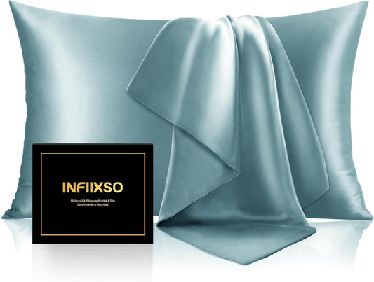 INFIIXSO Mulberry Silk Pillow Case King Size, Silk Pillowcase with Hidden Zipper 20"x36", Extraordinary Smooth and Soft Pillow Cases for Hair and Skin(Haze Blue, 1 Pack)