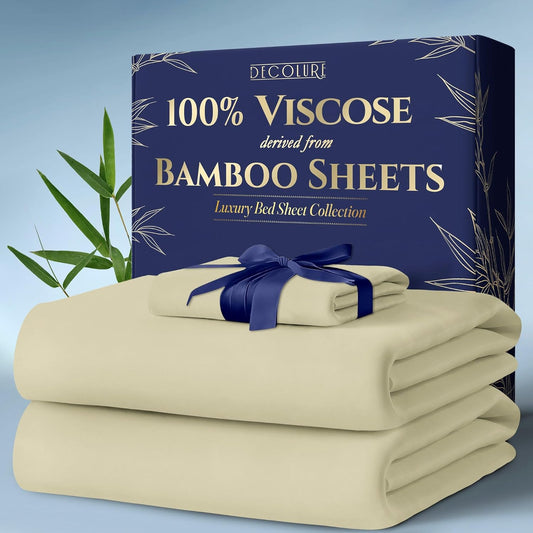 DECOLURE 100% Viscose Derived from Bamboo Sheets Twin Size 3pcs - Ultra Soft & Luxuriously Cooling, 17" Deep Pocket, Double Stitching, Perfect for Hot Sleepers - Twin Bed Sheets (Creme)