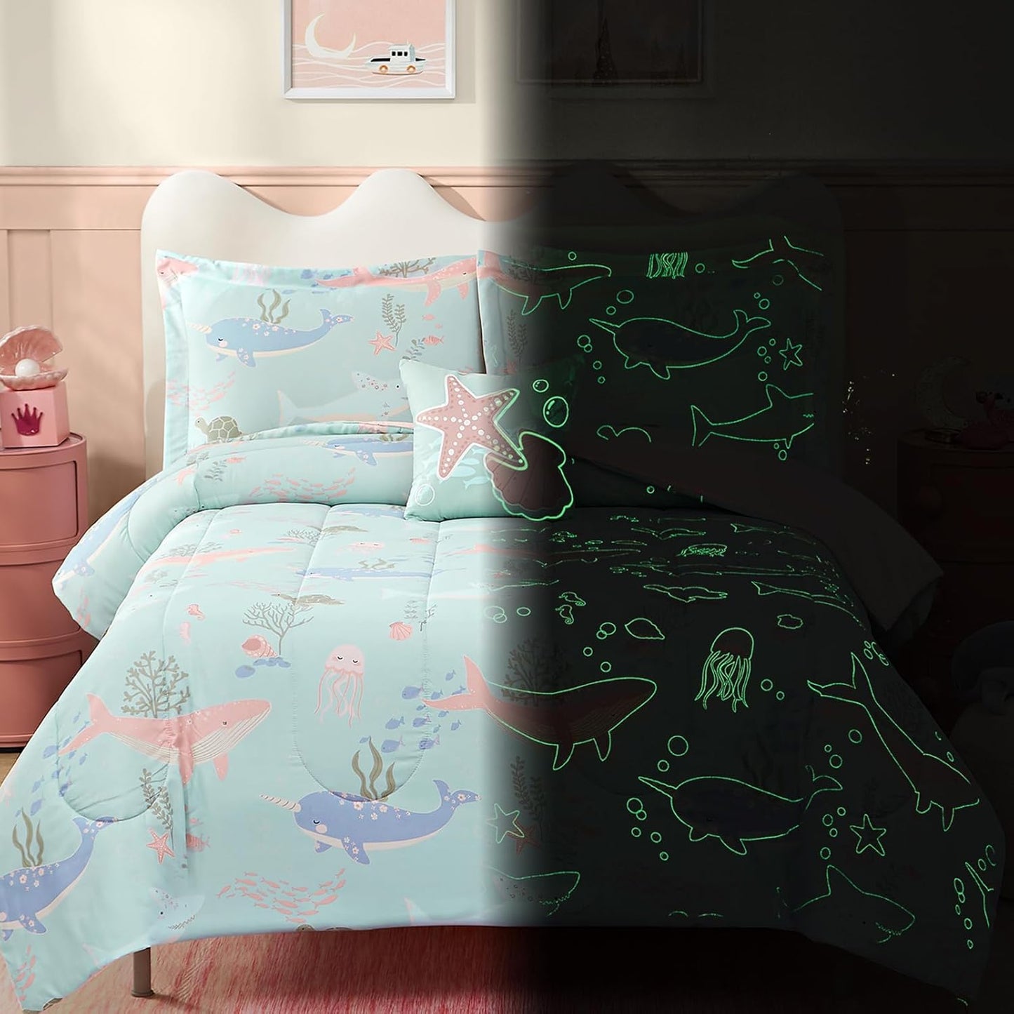 Full Size Comforter Set for Girls-4 Pieces Ocean Animals Glow in The Dark Full Bedding Sets for Kids, 1 Comforter, 2 Shams and 1 Decor Pillow
