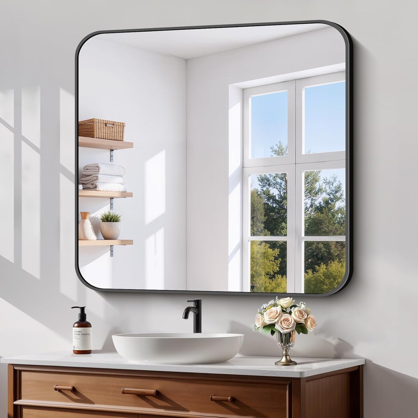 Koonmi Black Framed Bathroom Mirror - 36x36 Inch Shatterproof Tempered Glass Vanity Mirror for Bathroom Sink, Wall Mounted with Matte Aluminum Alloy Frame, No Distortion, Modern Decor