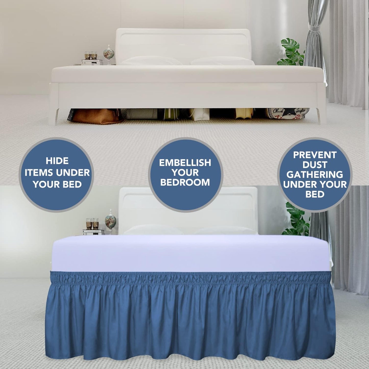 PureFit Wrap Around Ruffled Bed Skirt with Adjustable Elastic Belt - 14 Inch Drop Easy to Put On, Wrinkle Free Bedskirt Dust Ruffles, Bed Frame Cover for Queen, King and C-King Size Beds, Navy