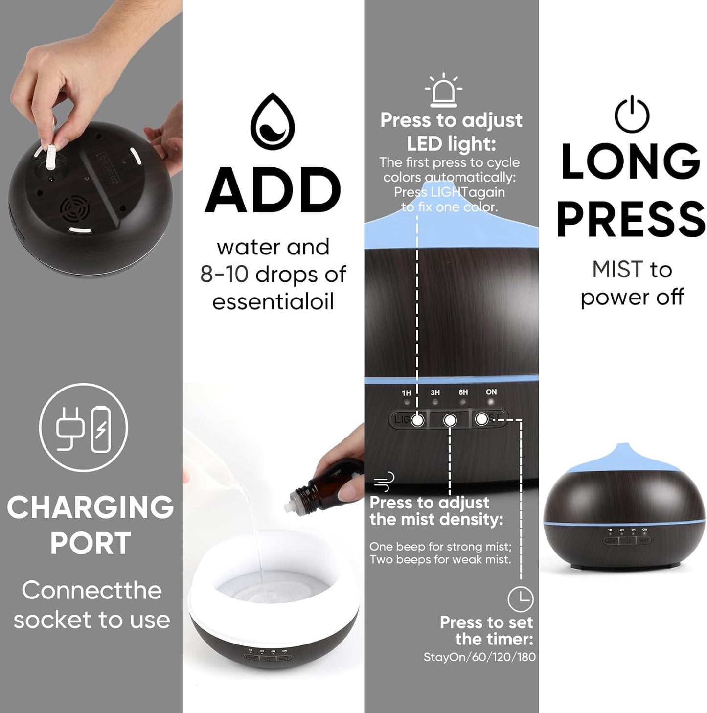 HAPPTWS 500ML Essential Oil Diffuser - BPA Free Ultrasonic Aromatherapy Diffuser, with 7-Color Lights Waterless Auto Shut Off for Home、Room、pet Room - Black