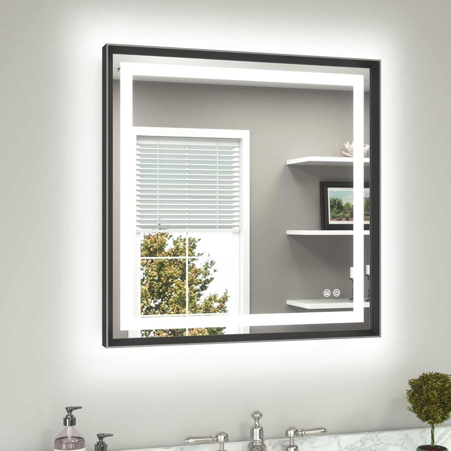 TETOTE Led Bathroom Mirror 30 x 30 with Brushed Black Frame Anti-Fog Frontlit & Backlit Vanity Mirror Stepless Dimmable Lighted Mirrors for Bathroom Wall 3 Colors White/Warm/Natural Wall-Mounted
