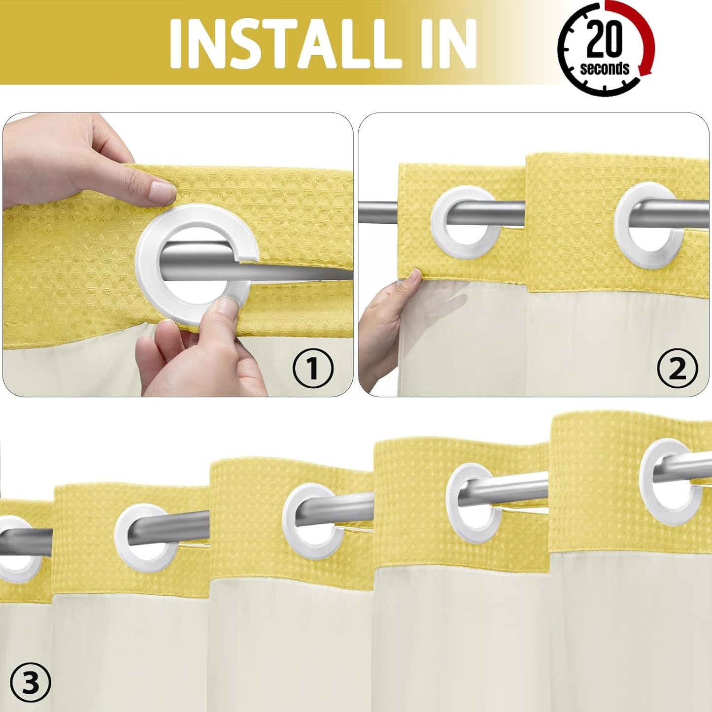 YellyHommy No Hook Shower Curtain with Snap in Liner Set Less Time Yellow Waffle Shower Curtain for Bathroom 75" L x 72" W Yellow