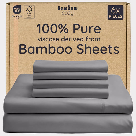 Bambaw 100% Viscose Derived from Bamboo Sheets Queen Size Set – 6pcs Deep Pocket Cooling Queen Sheets, Fits Up to 16'' with Elastic Corner Straps, Buttery Soft Sheets Queen (Dark Gray)