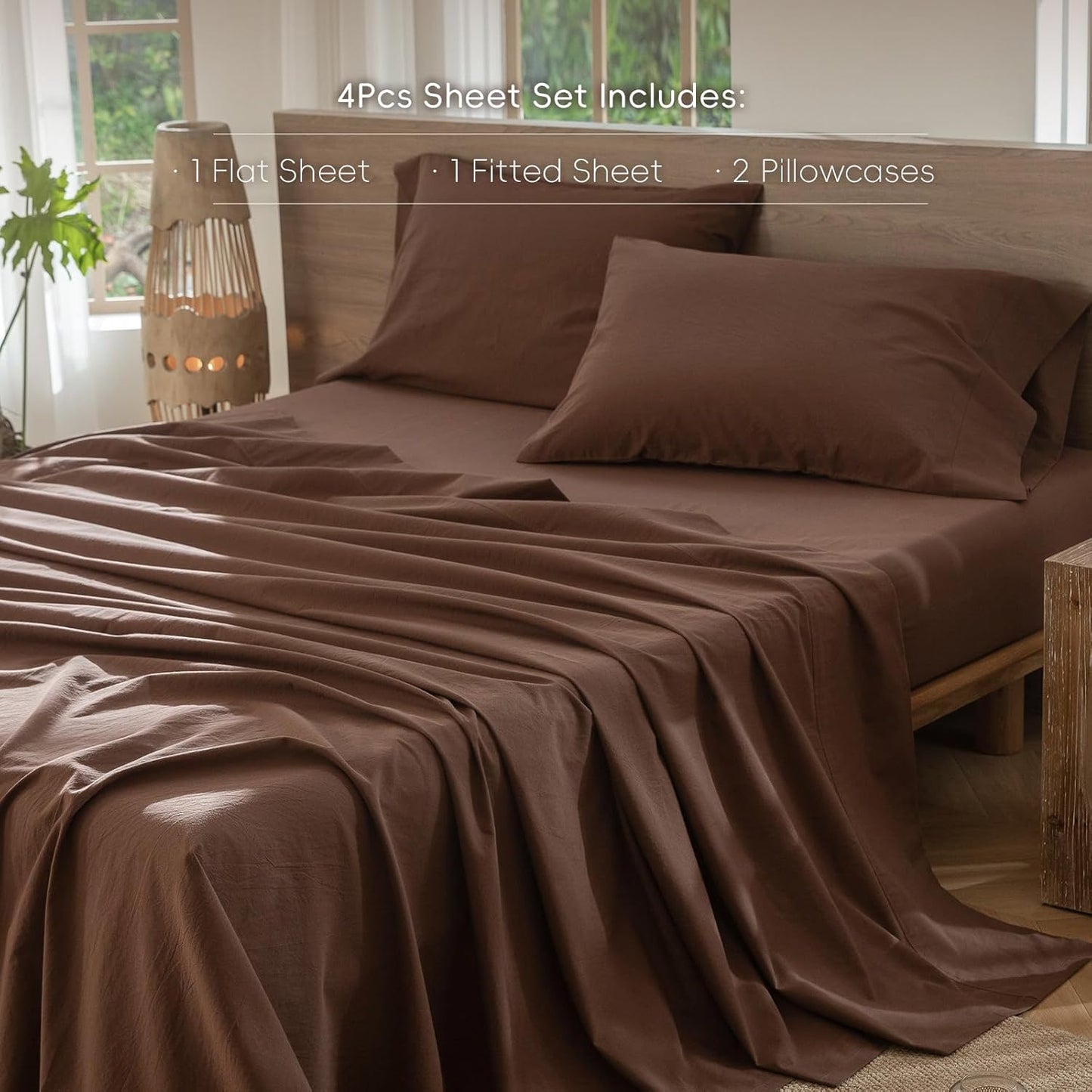 MooMee Bedding Sheet Set 100% Washed Cotton Linen Like Textured Breathable Durable Soft Comfy (Solid Cocoa Brown, Queen)