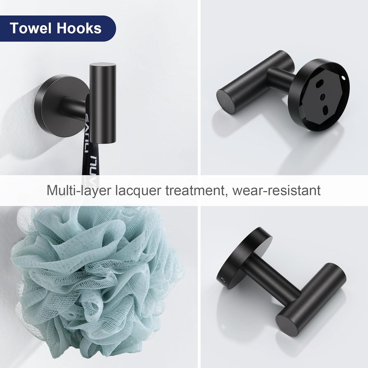 Lairuier Matte Black Bathroom Hardware Set, 10-Piece Towel Bar Set SUS304 Stainless Steel Bathroom Hardware Accessories Set Round Towel Holder Set Wall Mounted