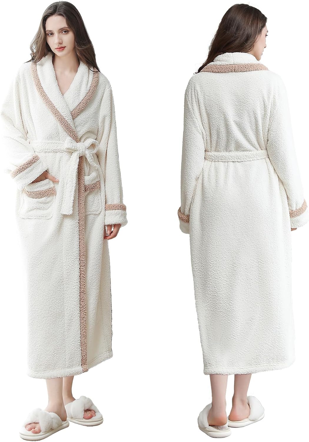 Oksun Womens Long Fleece Robe: Soft Fluffy Warm Bathrobe - Cozy Winter Housecoat Nigthgown with Chic Piping