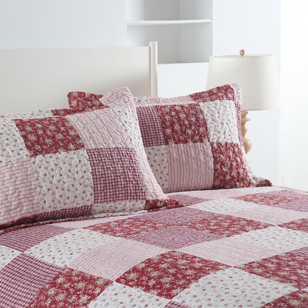ENASAL Cotton Bedspread Quilt Bedding Sets Reversible Coverlet Sets Comforters Plaid Floral Red White Patchwork Pattern Bedspread for All Season, King Size