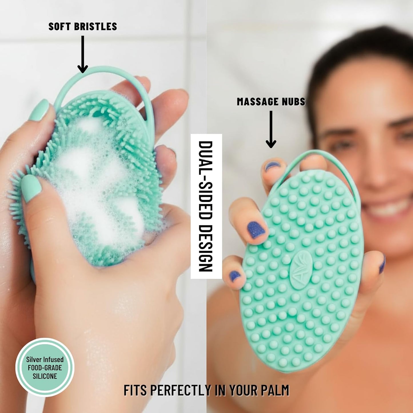Silver Infused Silicone Body Scrubber Shower - Gentle Back Scrubber Soft Bristles - Avilana Premium Dual Sided Bath Brush Massage - Advanced Material Loofah Alternative - Gift Women Men