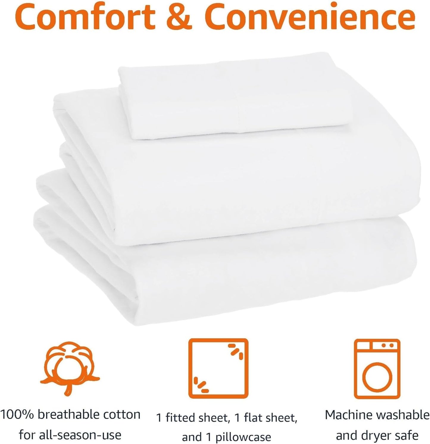 Amazon Basics 3 Piece Bed Sheets Set, 100% Cotton Jersey, Includes Super Soft, Flat and Fitted Sheets, Pillowcase, Toddler, White, Solid