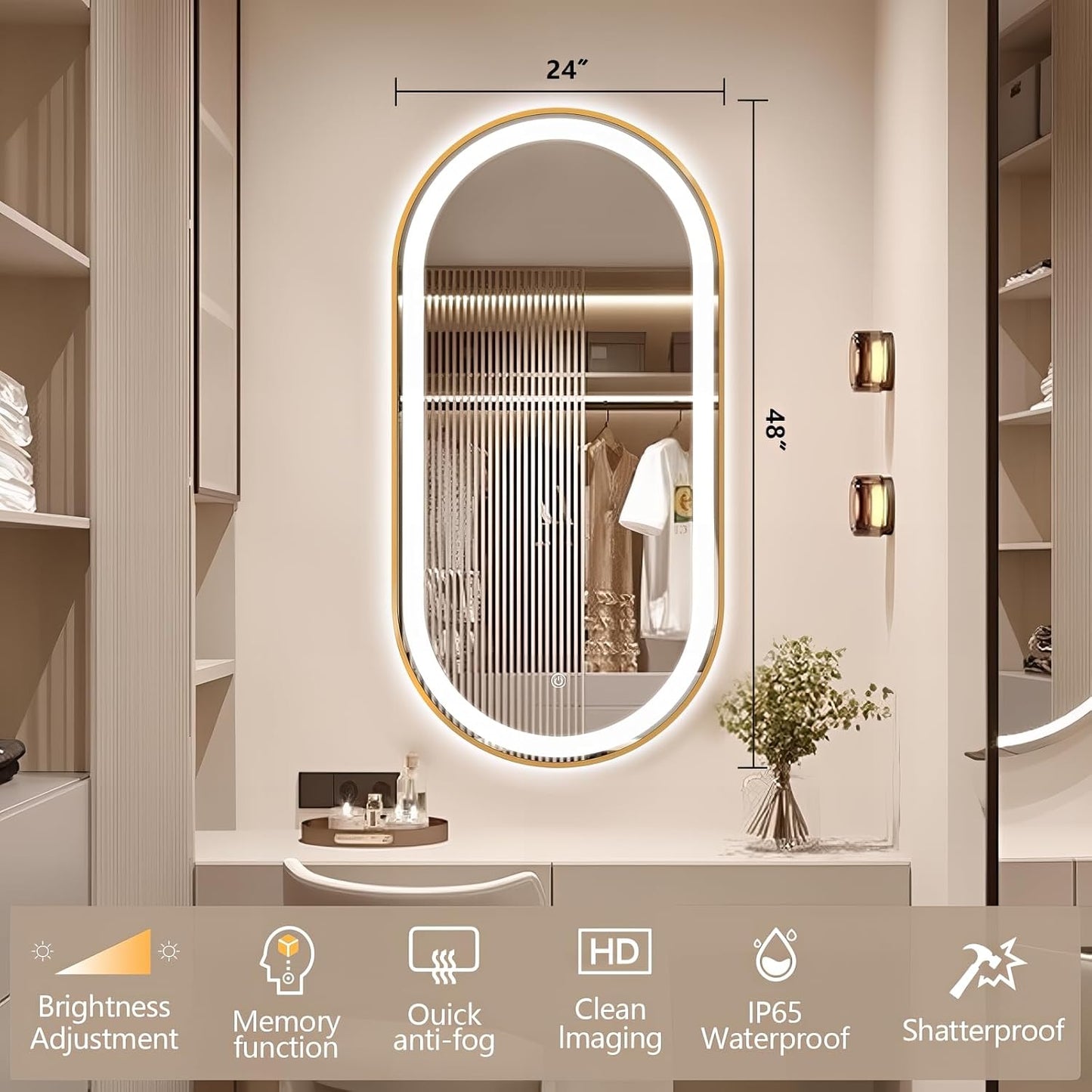 48" x 24" Oval LED Bathroom Mirror with Lights, Gold Metal Framed Anti-Fog LED Vanity Mirror, Lighted Bathroom Mirrors Wall Mounted, Stepless Dimmable, Shatter-Proof, Horizontal/Vertical