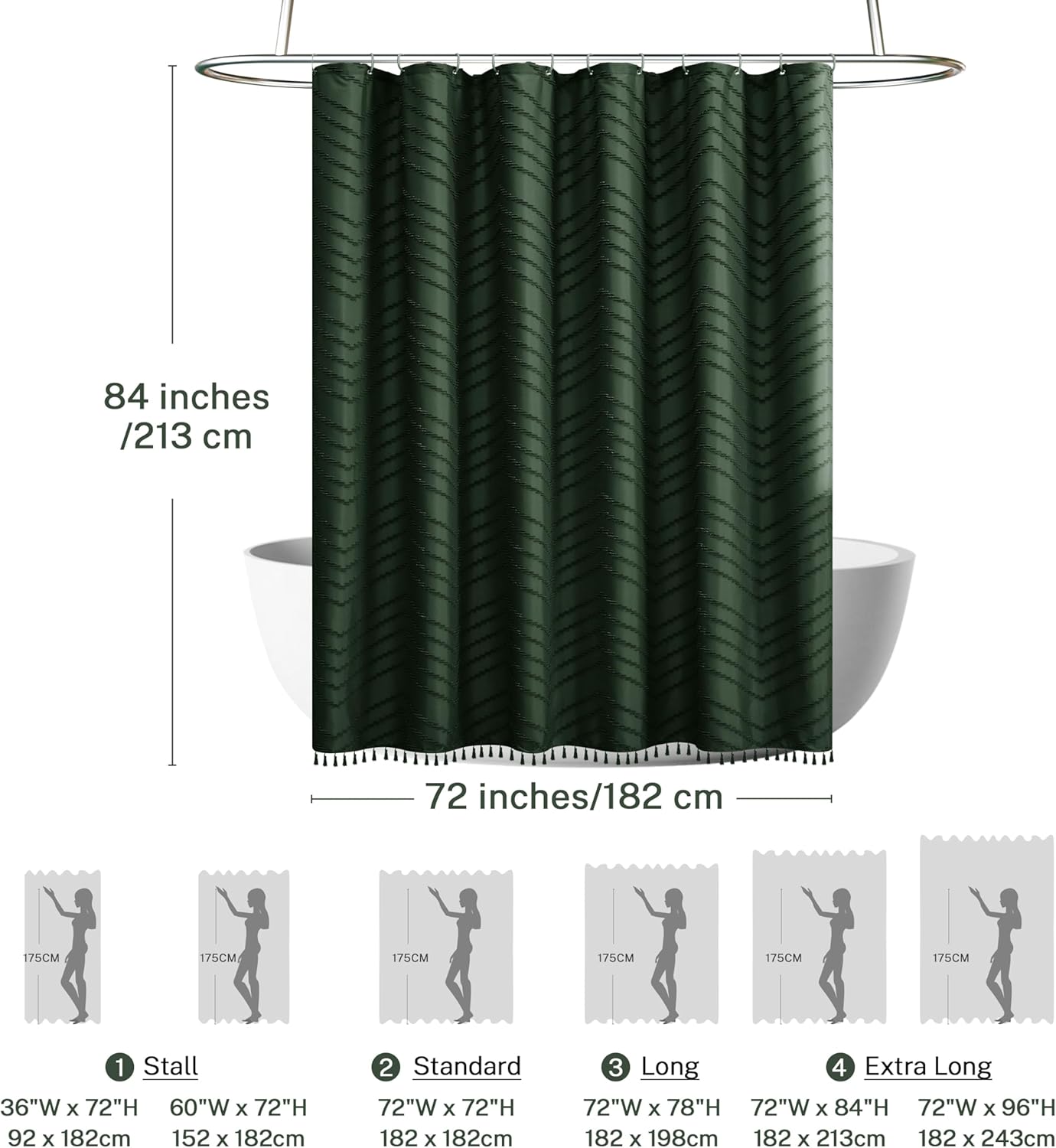 Extra Long Dark Green Boho Shower Curtain with Tassel, Woven Fabric 84 in Shower Curtain, Tufted Chevron Striped, 72 x 84, Modern Chic Textured Minimalist Bathroom Shower