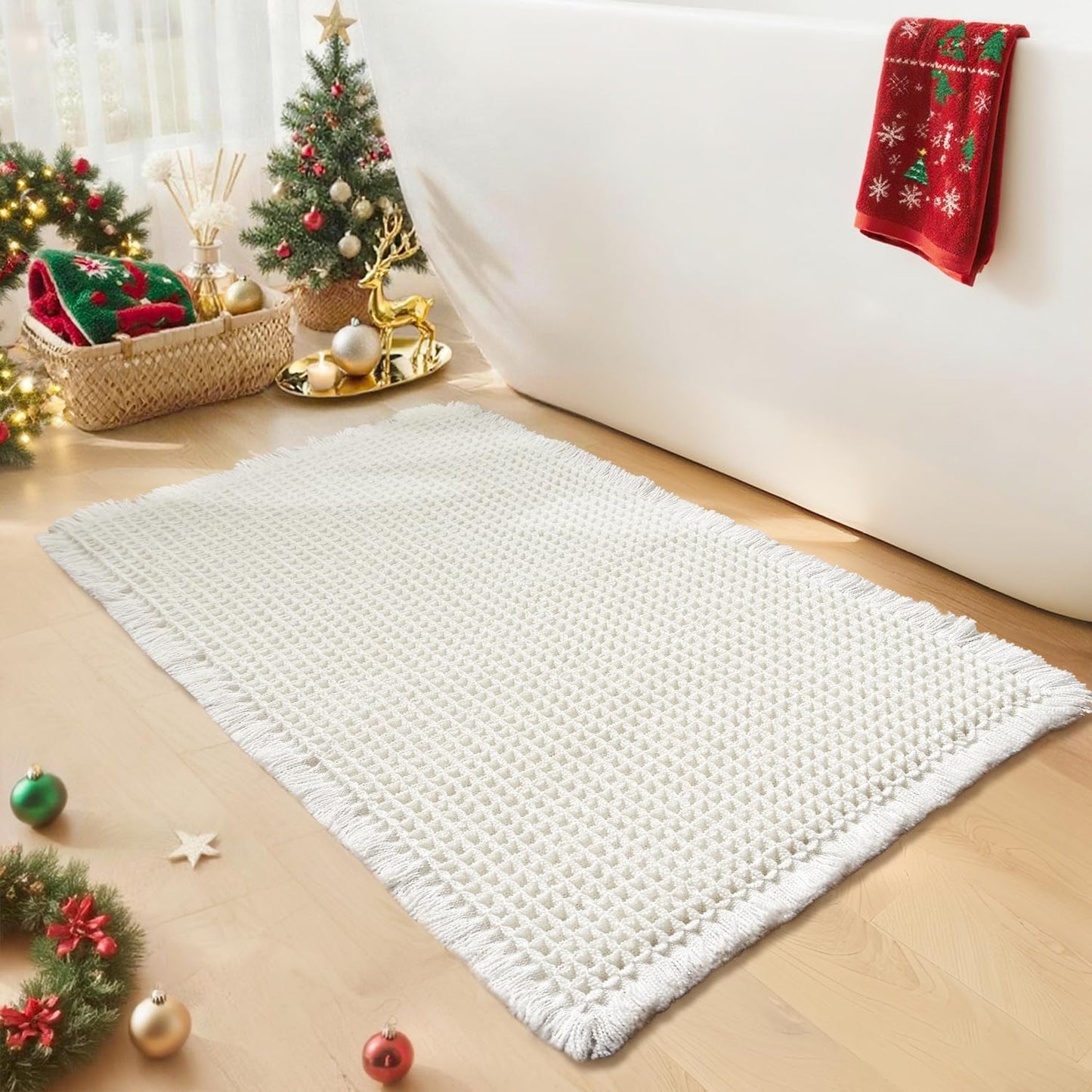White Bathroom Rugs, Waffle Bath Mat Non Slip Washable, Super Absorbent & Quick Dry, Boho Bath Mat Farmhouse Bathroom Decor, 20'' x 32'', White