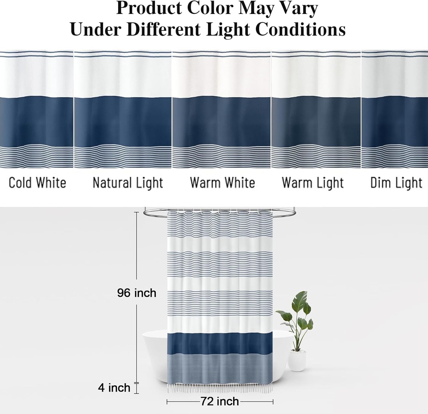 Awellife Navy Blue Shower Curtain for Bathroom Stripe Tassel Shower Curtain 72 X 96 Inches Farmhouse Cotton Extra Long