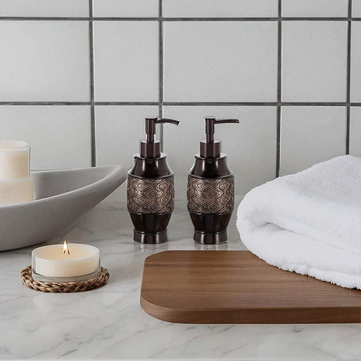 Creative Scents Dublin Brown Bathroom Soap Dispenser Set of 2 - Decorative 8 Oz. Hand Soap and Lotion Dispenser Set with Durable Matching Pumps - Brown Bathroom Accessories Sets Countertop
