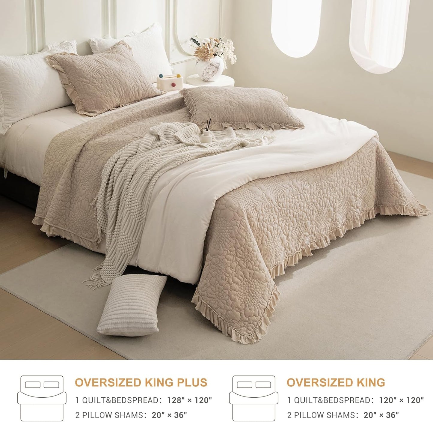 QSH Dark Wheat Stonewashed Cotton Oversized King Quilt Bedspread Set(128"x120"),3PCs Farmhouse Ruffled Bedspread California King,Shabby Soft Lightweight Crinkled Quilt Coverlet Bed with Pillow Shams
